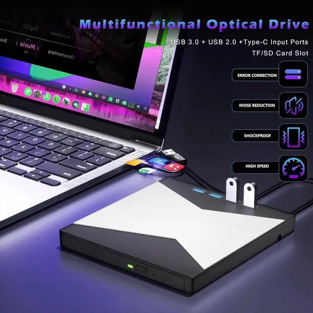 Alt view image 3 of 7 - WISDUM External CD/DVD Drive for Laptop, DVD Player for Laptop, 7 in 1 Ultra-Slim CD Burner with 4 USB Ports and 2 TF/SD Card Slots, External Optical Disk Drive Compatible with Desktop Mac Windows