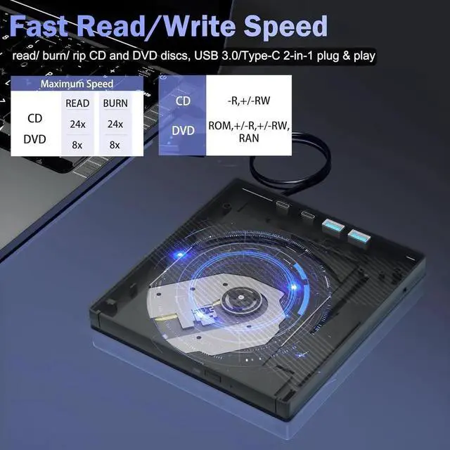 Alt view image 3 of 7 - WISDUM External CD/DVD Drive for Laptop, 7-in-1 DVD Player for Laptop USB 3.0 & Type-C Portable CD DVD Burner External Disk Optical Drive Compatible with Laptop PC Windows XP/7/8/10, Linux MacOS