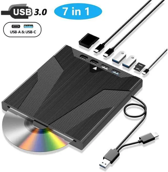 Main image of WISDUM [7 in 1] External CD/DVD Drive for Laptop, Slot-Loading CD Reader for Laptop, Portable USb 3.0 & Type C External CDs Drive DVD Drive Externals CD Burner Compatible with PC Windows Linux MacOS