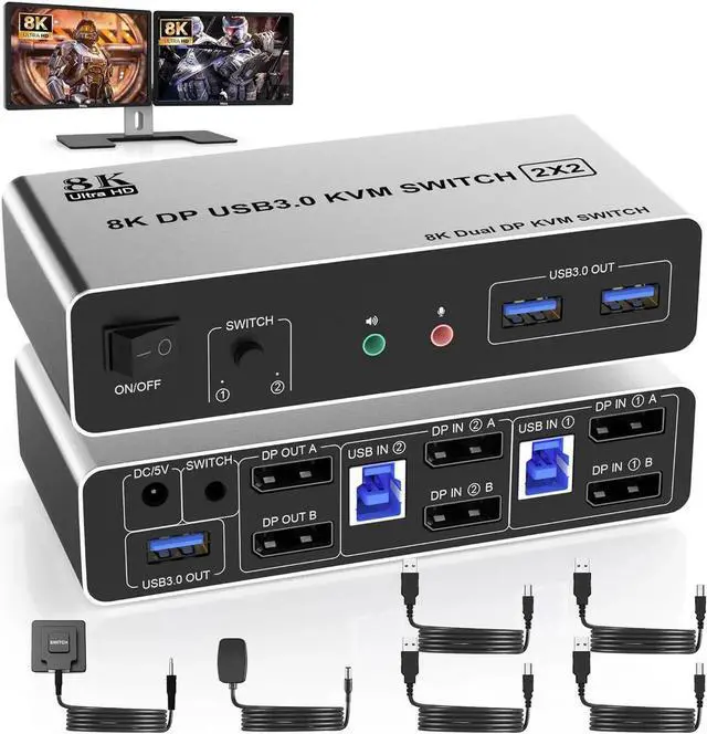 Main image of WISDUM 8K USB 3.0 DisplayPort KVM Switch 2 Monitors 2 Computers, 8K@60Hz Dual Monitor DP KVM Switch 2 in 2 Out with Audio Microphone and 3 USB 3.0 Ports, 2 Computers 2 Monitors Keyboard Mouse Switcher