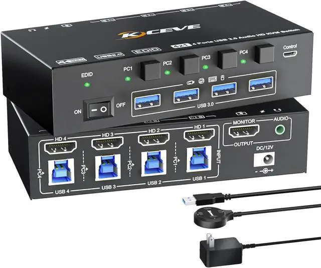 Main image of WISDUM 4 Ports HDMI KVM Switch with 3.5mm Audio, 8K@60Hz HDMI USB 3.0 KVM Switcher Box with EDID Emulator for 4 Computers Share Mouse Keyboard and Monitor, Support Win10/8/7/XP/Vista, Mac OS, Linux