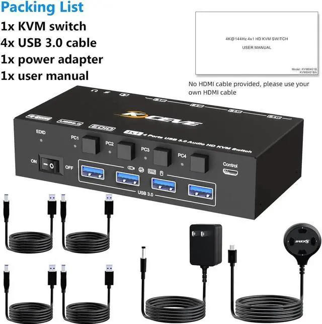 Alt view image 7 of 7 - WISDUM 4 Ports HDMI KVM Switch with 3.5mm Audio, 8K@60Hz HDMI USB 3.0 KVM Switcher Box with EDID Emulator for 4 Computers Share Mouse Keyboard and Monitor, Support Win10/8/7/XP/Vista, Mac OS, Linux