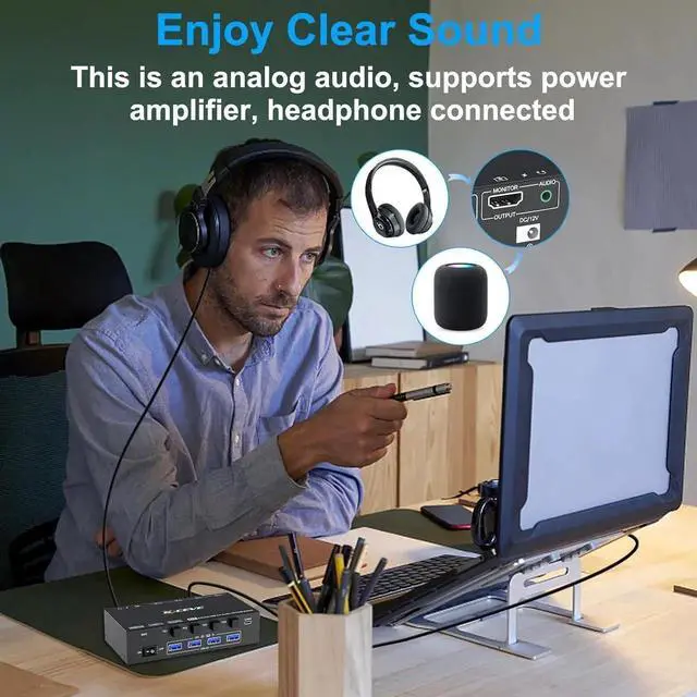 Alt view image 3 of 7 - WISDUM 4 Ports HDMI KVM Switch with 3.5mm Audio, 8K@60Hz HDMI USB 3.0 KVM Switcher Box with EDID Emulator for 4 Computers Share Mouse Keyboard and Monitor, Support Win10/8/7/XP/Vista, Mac OS, Linux