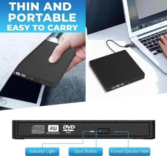 Alt view image 6 of 7 - WISDUM   External CD DVD Drive, Slim CD DVD Rw Reader Disk Drive Portable DVD Player, USB 3.0 and Type-C Optical DVD Drive ROM Burner Rewriter for Laptop PC Mac OS MacBook Windows 10/8/7/XP/Linux