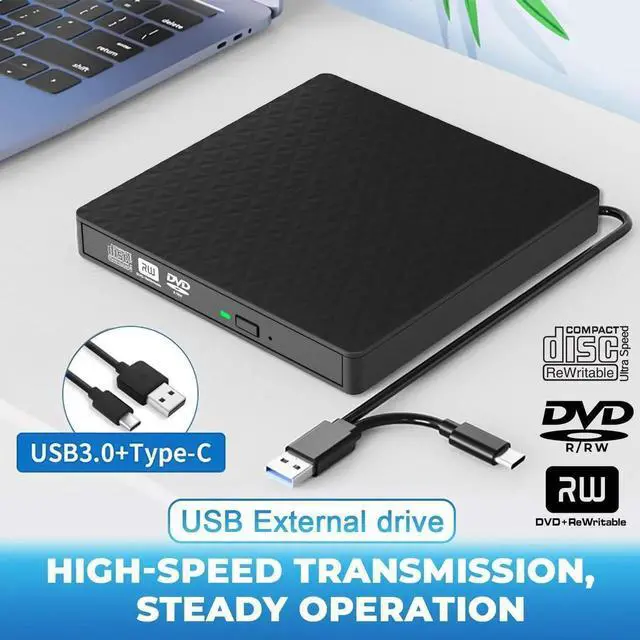 Alt view image 2 of 7 - WISDUM   External CD DVD Drive, Slim CD DVD Rw Reader Disk Drive Portable DVD Player, USB 3.0 and Type-C Optical DVD Drive ROM Burner Rewriter for Laptop PC Mac OS MacBook Windows 10/8/7/XP/Linux