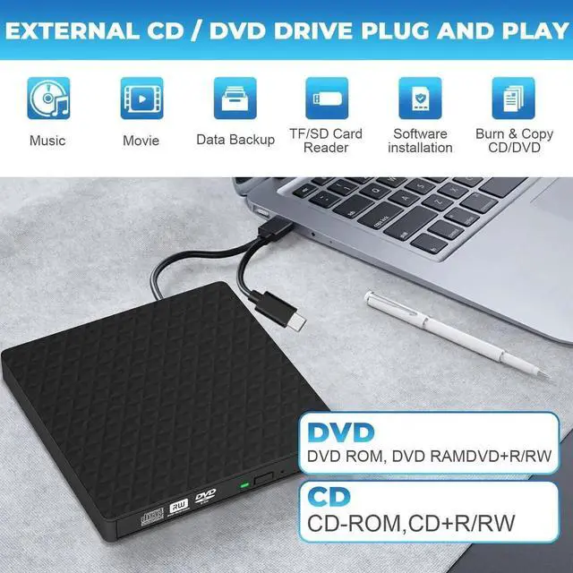 Alt view image 5 of 7 - WISDUM   External CD DVD Drive, Slim CD DVD Rw Reader Disk Drive Portable DVD Player, USB 3.0 and Type-C Optical DVD Drive ROM Burner Rewriter for Laptop PC Mac OS MacBook Windows 10/8/7/XP/Linux