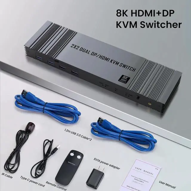 Alt view image 7 of 7 - WISDUM 4K@120Hz 2x2 HDMI + Displayport KVM switch 2 Monitors 2 Computers 8K@60Hz, HDMI and Displayport Dual Monitor KVM Switch with 4 USB 3.0 Port for Keyboard Mouse Printer,Support Extended/Copy Mode