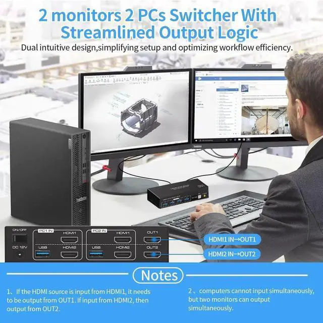 Alt view image 3 of 7 - WISDUM Dual Monitor HDMI KVM Switch 2 Monitors 2 Computers 4K 60Hz USB 3.0 KVM Switcher for 2 PCs Share 1 Set of Keyboard Mouse Printer and Scanner Support Extended & Mirror Mode, with 4 USB 3.0 Ports