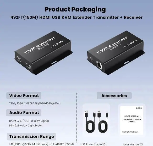 Alt view image 6 of 7 - WISDUM 492FT HDMI KVM USB Extender Kit, 1080P HDMI Ethernet Extender Balun Transmitter Receiver Over Cat 5e/6/7 Cable with Loopout Function-USB Keyboard Mouse, 150M lossless Transmission KVM Extender