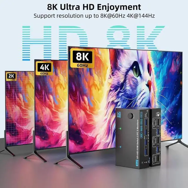 Alt view image 5 of 7 - WISDUM 4K@144Hz KVM Switch 2 Monitors 2 Computers 8K@60Hz, HDMI and Displayport Dual Monitor KVM Switch with 4 USB 3.0 Port for Keyboard Mouse Printer,Wired Remote,Power Adapter and USB Cable Included