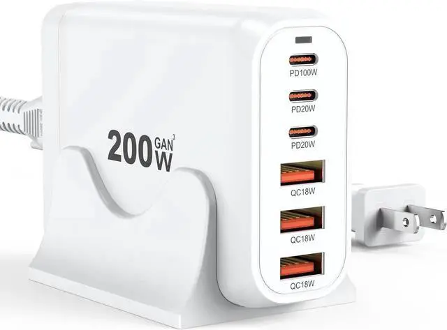 Main image of WISDUM 200W USB C Charger Block Multiple Ports, GaN III USB Charging Station 6 Ports Charging Hub, Multi Port Charger for Laptop Mac-Book i-Pad i-Phone 15 Galaxy Go-og-le Pixel De-ll Air-Pods Switch