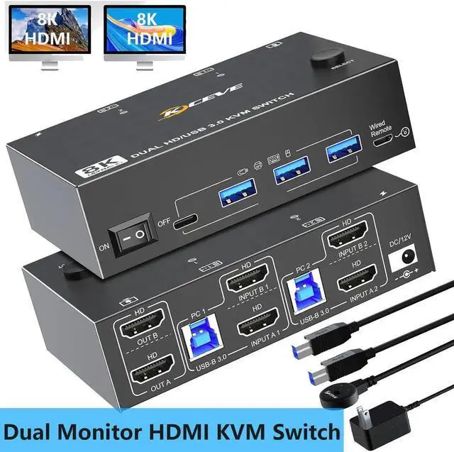 Main image of WISDUM KVM Switch 2 Monitors 2 Computers, Dual Monitor KVM Switches HDMI Support 8K@60Hz 4K@120Hz, for 2 Pcs and 4 USB 3.0 Devices,Support Extended and Copy Mode, with Wired Remote and Power adapter