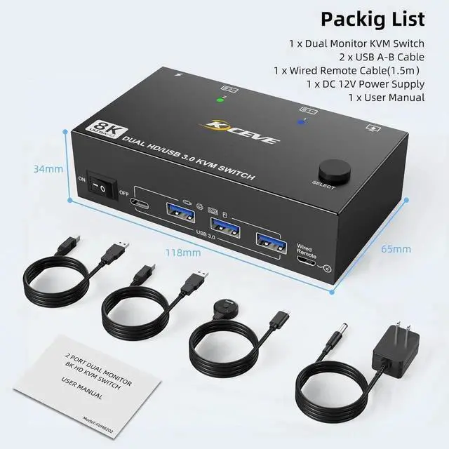 Alt view image 7 of 7 - WISDUM KVM Switch 2 Monitors 2 Computers, Dual Monitor KVM Switches HDMI Support 8K@60Hz 4K@120Hz, for 2 Pcs and 4 USB 3.0 Devices,Support Extended and Copy Mode, with Wired Remote and Power adapter