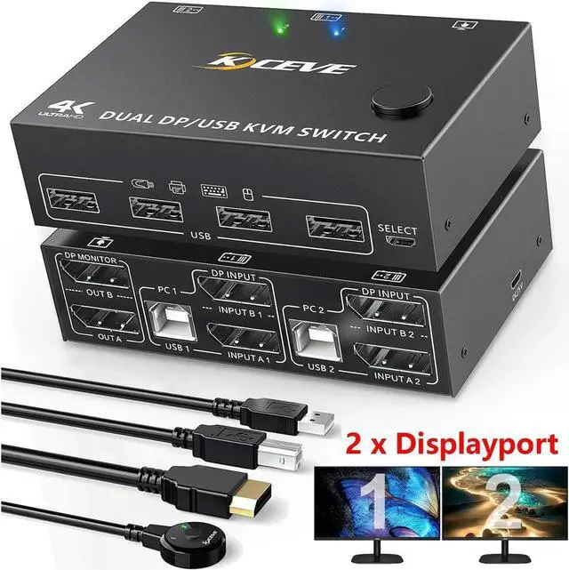 Main image of WISDUM Dual Monitor Displayport KVM Switch 2 Computer 2 Monitors, 2 Ports DP1.4 8K@30Hz 4K@120Hz Displayport USB KVM Switcher for 2 Computers Share Keyboard, Mouse and Monitor, Wired Remote included