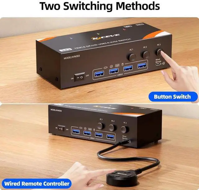 Alt view image 7 of 7 - WISDUM KVM Switch 3 Monitors 3 Computers 8K@60Hz/4K@120Hz, HDMI + 2 Displayport KVM Switches for 3 PC Sharing Triple Monitors and Keyboard Mouse with Power Adapter, Wired Controller and USB3.0 Cables