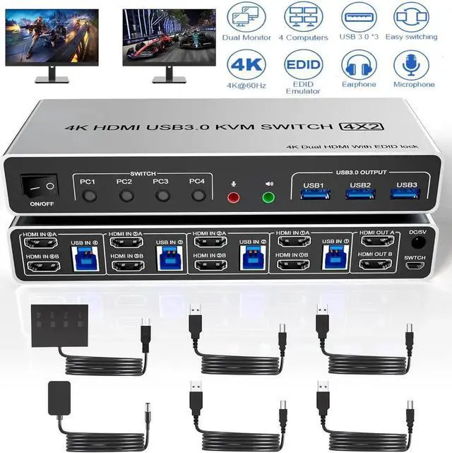 Main image of WISDUM USB 3.0 HDMI KVM Switch 2 Monitors 4 Computers, Supports EDID, 4K@60Hz Dual Monitor HDMI KVM Switch 4 in 2 Out with Audio Microphone and 3 USB 3.0 Ports, 4 Port Dual HDMI Monitor Switch for 4PC