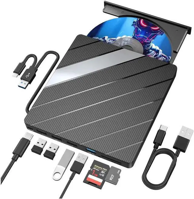 Main image of WISDUM External CD DVD Drive for Laptop, [8 in 1] USB 3.0 & Type C Portable CD DVD Rewriter Burner with 4 USB A Ports & SD/TF Card Reader, Support Faster Transfer Speed CD 8X DVD 24x for Windows MacOS