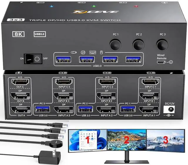 Main image of WISDUM KVM Switch 3 Monitors 3 Computers 8K@60Hz, HDMI + 2 Displayport Triple Monitor KVM Switches for 3PCs Share 3 Monitors and 4 USB 3.0 Devices, Wired Remote and Power Adapter Included