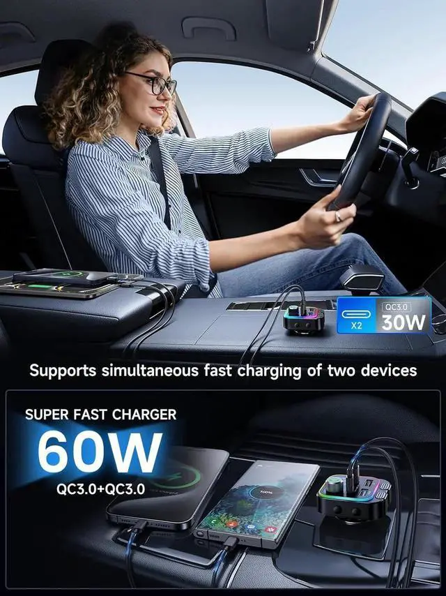Alt view image 6 of 7 - WISDUM 60W Bluetooth 5.4 FM Transmitter Car Adapter [Reinforced Dual Mics & Deep Bass] [Dual PD 60W & QC 3.0 ] Fast Charging Handsfree Calling Wireless Radio Bluetooth Transmitter for Car [Black]