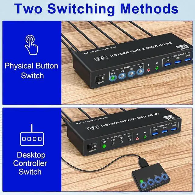 Alt view image 7 of 7 - WISDUM 8K@60Hz Displayport USB 3.0 KVM Switch for 2 Monitors 4 Computer, 4 Port DP1.4 Dual Monitor KVM Switch with Audio Microphone Output and 3 USB 3.0 Ports, 8K DP Monitor Switch for 4 PCs 2 Monitor
