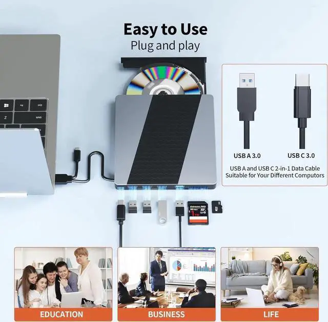 Alt view image 7 of 7 - WISDUM External CD DVD Drive for Laptop, [7 in 1] Portable CD Player DVD Burner with 4 Ports USB A & SD/TF Card Reader, Support Faster Transfer Speed CD 8X DVD 24x for Windows 11/10/7 MacOS and More