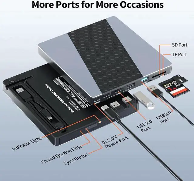 Alt view image 3 of 7 - WISDUM External CD DVD Drive for Laptop, [7 in 1] Portable CD Player DVD Burner with 4 Ports USB A & SD/TF Card Reader, Support Faster Transfer Speed CD 8X DVD 24x for Windows 11/10/7 MacOS and More
