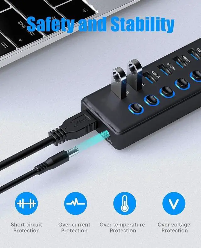 Alt view image 7 of 7 - WISDUM Powered USB Hub 3.0, 11-Port USB 3.0 Hub Splitter (7 USB 3.0 Data Ports + 4 Smart Charging Port) with 12V/3A Power Adapter and LED Individual On/Off Switches for Laptop and PC