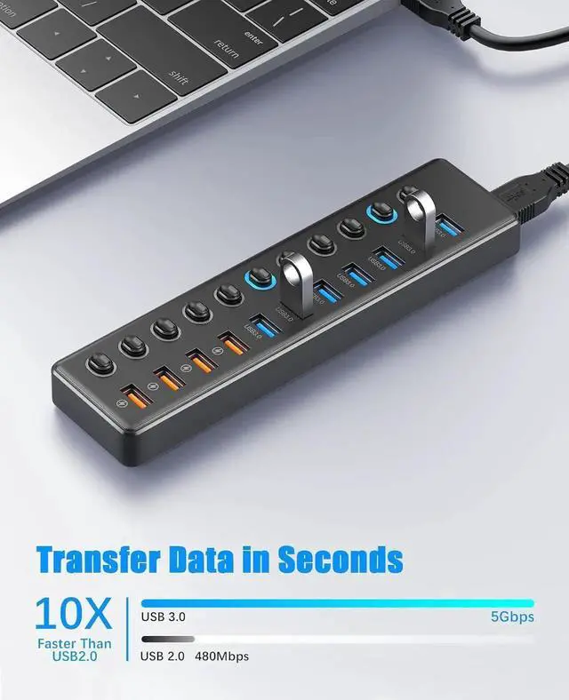 Alt view image 3 of 7 - WISDUM Powered USB Hub 3.0, 11-Port USB 3.0 Hub Splitter (7 USB 3.0 Data Ports + 4 Smart Charging Port) with 12V/3A Power Adapter and LED Individual On/Off Switches for Laptop and PC