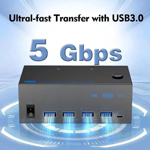 Alt view image 4 of 7 - WISDUM riple Monitor HDMI + 2 Displayport KVM Switch, 8K@60Hz KVM Switches 2 Computer 3 Monitors for 2 PCs Share 3 Monitors and 4 USB Devices, with 2 USB Cables, Power Adapter, Wired Controller