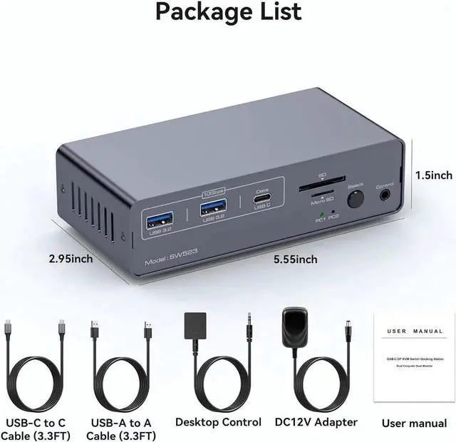 Alt view image 7 of 7 - WISDUM USB 3.2 USB C Displayport KVM Switch Docking Station, 4K@120Hz, Type C + Displayport KVM Switch Dual Monitor Displayport for 1 Laptop 1 Desktop Share 2 Monitors and USB Devices, 13-in-1 Dock