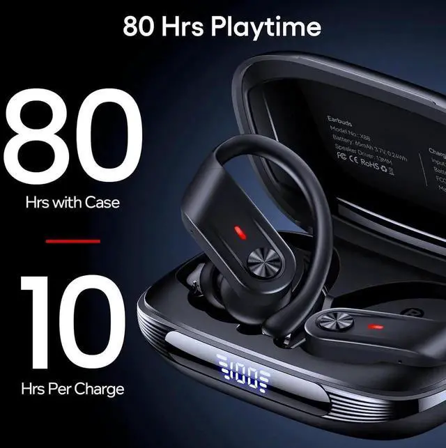 Alt view image 3 of 7 - WISDUM Bluetooth Headphones, Wireless Earbuds 80Hrs Playtime, IPX7 Waterproof Digital Display Sport Ear Buds with Earhook Mic in-Ear Earphones, Stereo Sound Earbud for Workout Running Exercise Gym