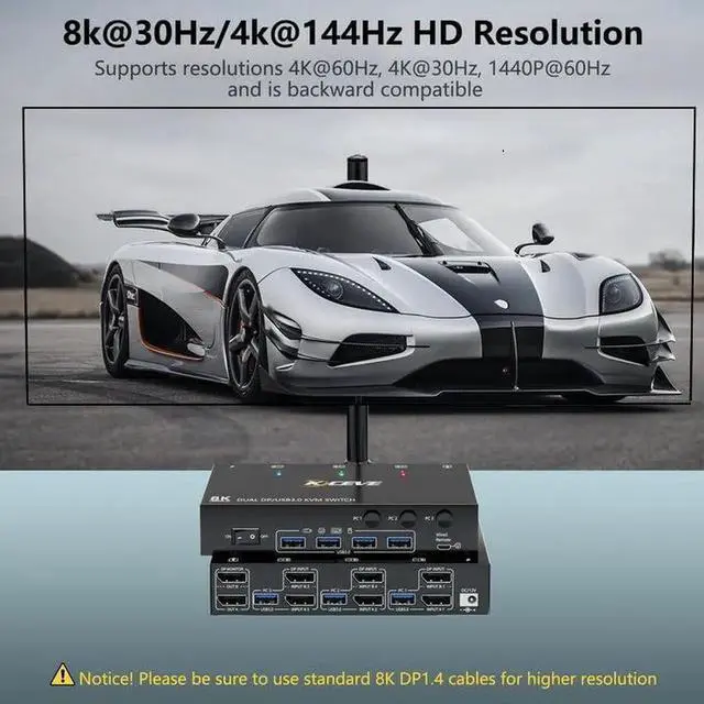 Alt view image 2 of 7 - Dual Monitor Displayport KVM Switch 8K@30Hz 4K@144Hz, USB 3.0 KVM Switches 3 Computers 2 Monitors Displayport 1.4 with 4 USB 3.0 Ports for USB Devices, DP Monitor Switch for 3 PCs, with Wired Remote