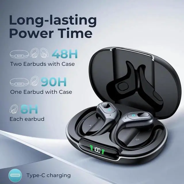 Alt view image 3 of 6 - WISDUM True Wireless Earbuds, Bluetooth 5.3 Sport Wireless Headphone with LED Charging Case, 90H Playback Sweatproof Over Ear Running Ear Buds with Earhooks Workout Bluetooth Earphones for iOS Android