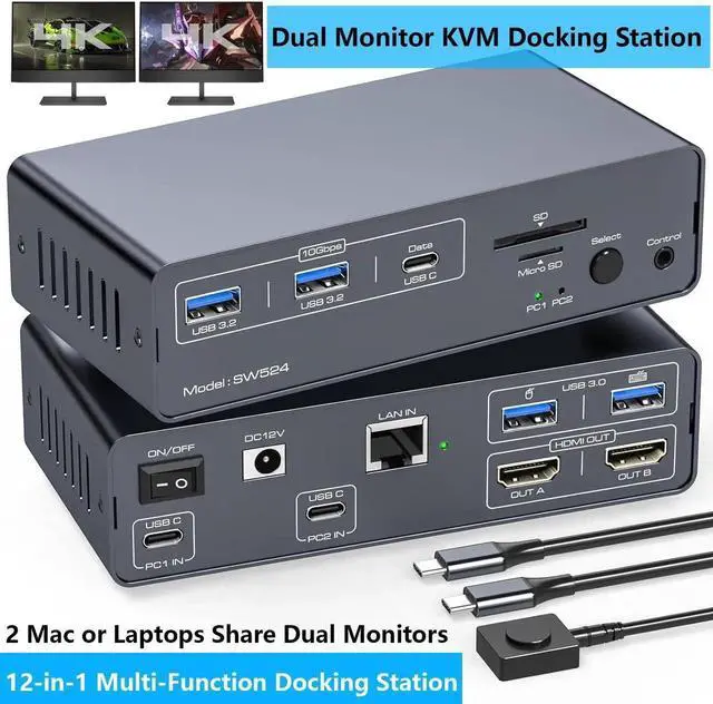 Main image of WISDUM USB C Docking Station with KVM Switch 2 Monitors 2 Computers 4K@60Hz, HDMI EDID KVM Switches Dual Monitor for 2 Mac or Laptops Share a 1G Ethernet & 5 USB A/C Devices and SD/MicroSD Card Slots
