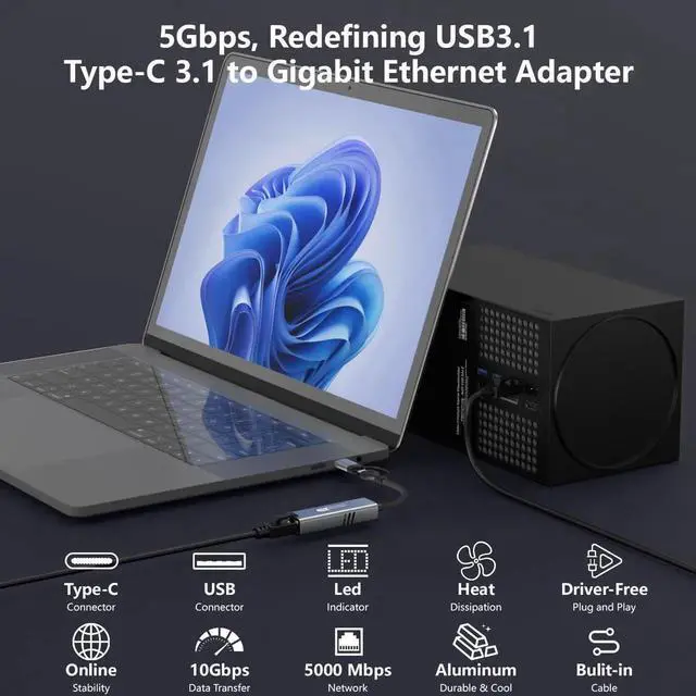 Alt view image 2 of 7 - WISDUM USB to Ethernet Adapter 5Gbps, Aluminum Driver Free USB-C to RJ45 5000Mbps Gigabit Ethernet LAN Network Adapter for i-Phone 16, iPad, Galaxy S25,Switch,Laptop, PC, MacBook,Windows, MacOS, Linux