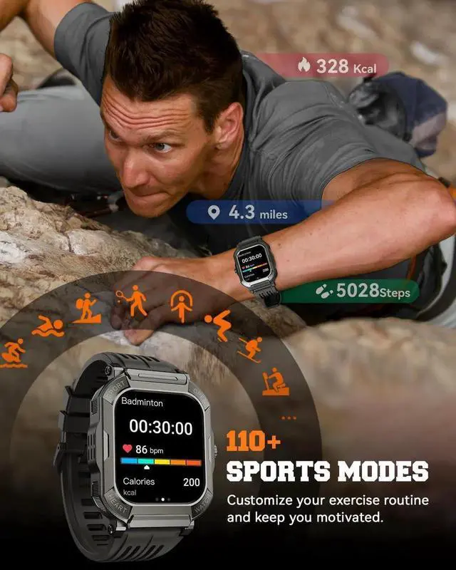 Alt view image 3 of 7 - WISDUM Military Smart Watches for Men (Answer/Make Calls), 1.91'' Fitness Smart Watch for Android & iPhone, IP68 Waterproof Fitness Tracker with Step Counter/Sleep Monitor/110+ Sport Modes, Smartwatch