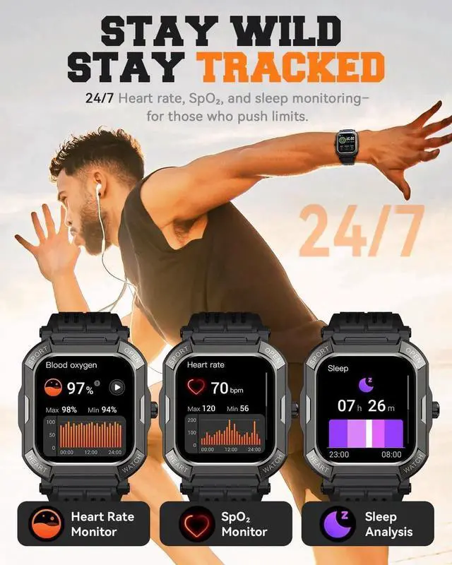 Alt view image 2 of 7 - WISDUM Military Smart Watches for Men (Answer/Make Calls), 1.91'' Fitness Smart Watch for Android & iPhone, IP68 Waterproof Fitness Tracker with Step Counter/Sleep Monitor/110+ Sport Modes, Smartwatch