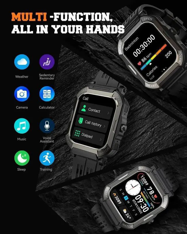 Alt view image 7 of 7 - WISDUM Military Smart Watches for Men (Answer/Make Calls), 1.91'' Fitness Smart Watch for Android & iPhone, IP68 Waterproof Fitness Tracker with Step Counter/Sleep Monitor/110+ Sport Modes, Smartwatch