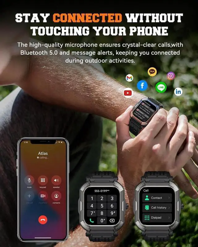 Alt view image 4 of 7 - WISDUM Military Smart Watches for Men (Answer/Make Calls), 1.91'' Fitness Smart Watch for Android & iPhone, IP68 Waterproof Fitness Tracker with Step Counter/Sleep Monitor/110+ Sport Modes, Smartwatch
