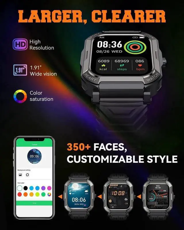 Alt view image 6 of 7 - WISDUM Military Smart Watches for Men (Answer/Make Calls), 1.91'' Fitness Smart Watch for Android & iPhone, IP68 Waterproof Fitness Tracker with Step Counter/Sleep Monitor/110+ Sport Modes, Smartwatch