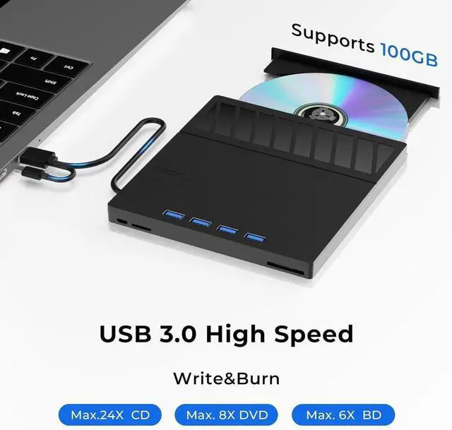 Alt view image 3 of 7 - WISDUM 7 in 1 External Blu Ray Drive, USB 3.0 Type-C External Blu ray Player, 50GB BD write support, 3D External Blu Ray Burner with 4 USB A&TF/SD Port, External Optical Drive for Windows Linux Mac OS