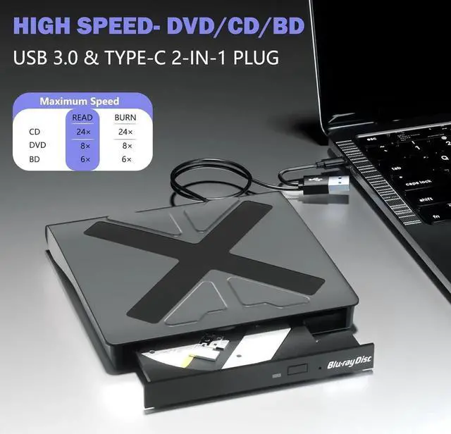 Alt view image 2 of 7 - WISDUM External Blu Ray Drive, USB 3.0 and Type-C Blu Ray Burner Portable Blu Ray DVD/CD/BD Player, 3D Optical Bluray DVD Drive Compatible with Windows XP/7/8/10/11 MacOS for Mac-Book Laptop Desktop