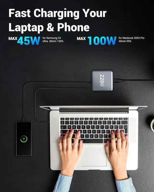 Alt view image 5 of 7 - WISDUM 220W Charging Station for Multiple Devices, GaN III 6-Port USB Charging Station, Max PD 100W Laptop Charger Port Compatible with M-ac-Book Pro/Air, Steam Deck, De-ll, Smartphones etc..