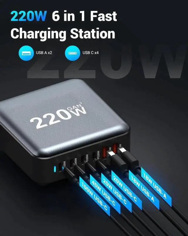 Alt view image 2 of 7 - WISDUM 220W Charging Station for Multiple Devices, GaN III 6-Port USB Charging Station, Max PD 100W Laptop Charger Port Compatible with M-ac-Book Pro/Air, Steam Deck, De-ll, Smartphones etc..
