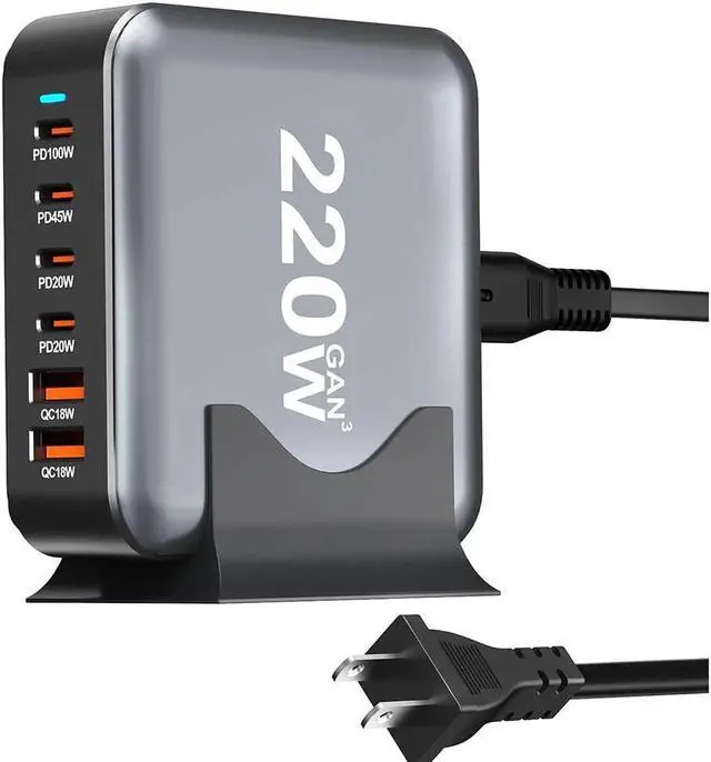 Main image of WISDUM 220W Charging Station for Multiple Devices, GaN III 6-Port USB Charging Station, Max PD 100W Laptop Charger Port Compatible with M-ac-Book Pro/Air, Steam Deck, De-ll, Smartphones etc..