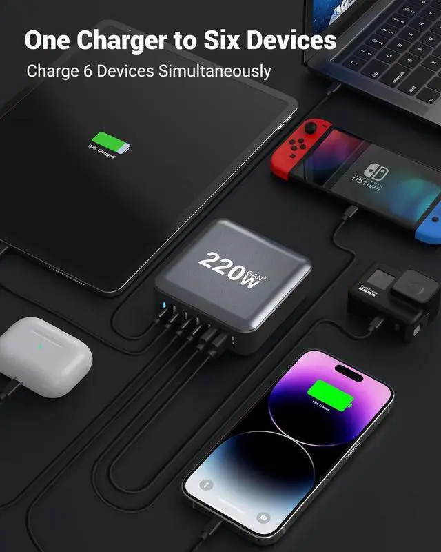 Alt view image 3 of 7 - WISDUM 220W Charging Station for Multiple Devices, GaN III 6-Port USB Charging Station, Max PD 100W Laptop Charger Port Compatible with M-ac-Book Pro/Air, Steam Deck, De-ll, Smartphones etc..