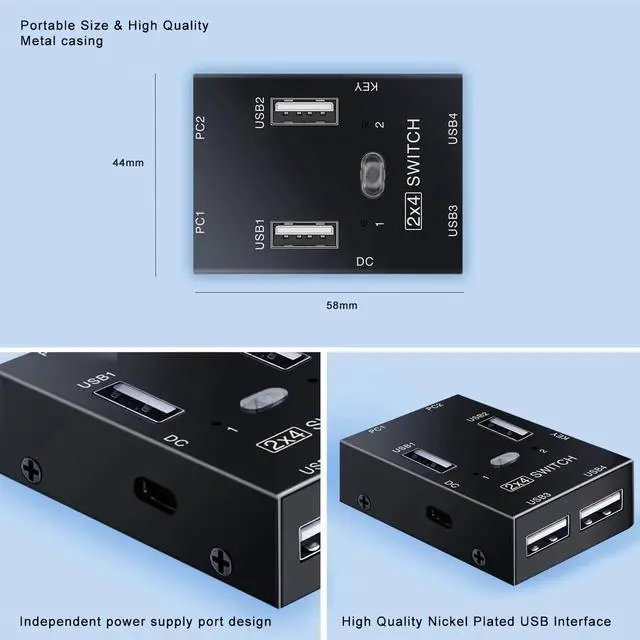 Alt view image 4 of 7 - 2x4 USB 2.0 Switch for 2 PCs, USB Switch 2 in 4 Out USB KVM Switch for PC, Printer, Scanner, Keyboard, USB 2.o Switch for 2 Computers Share 4 USB Devices