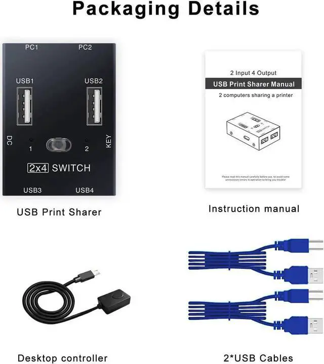 Alt view image 7 of 7 - 2x4 USB 2.0 Switch for 2 PCs, USB Switch 2 in 4 Out USB KVM Switch for PC, Printer, Scanner, Keyboard, USB 2.o Switch for 2 Computers Share 4 USB Devices