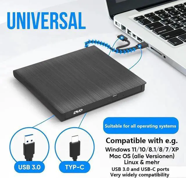 Alt view image 2 of 7 - WISDUM External CD DVD Drive, Type-C & USB 3.0 Portable Optical CD/DVD Drive, CD DVD Player RW Writer External CD DVD Burner Reader for Laptop, Desktop, PC, MacOS, Windows 11/10 / 8/7 / XP/Linux/Vista
