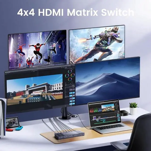 Alt view image 2 of 7 - WISDUM 4x4 HDMI Matrix Switch 4K 30Hz, 4 in 4 Out HDMI Switch with Remote Supports HDR, 3D, HDMI 1.4, HDCP 1.4, Downscaler 4K & 1080P, 4 Way HDMI Splitter Switch for Fire TV Stick, X-boX, PS4/5